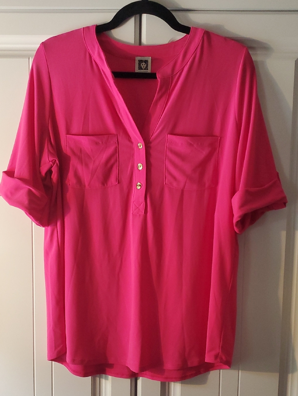 Anne Klein Bright Pink Henley Blouse with Chest Pockets
